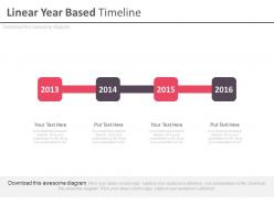 Four staged linear year based timeline powerpoint slides