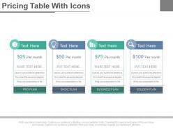 Four staged pricing table with icons powerpoint slides