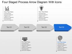 Four staged process arrow diagram with icons powerpoint template slide