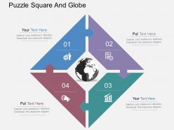 Four staged puzzle square and globe ppt presentation slides