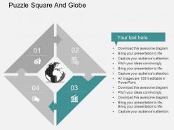 Four staged puzzle square and globe ppt presentation slides