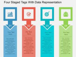 Four staged tags with data representation flat powerpoint design