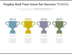 Four staged trophy and year icons for success timeline powerpoint slides