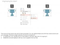 Four staged trophy and year icons for success timeline powerpoint slides