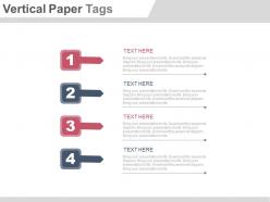 Four staged vertical paper tags for process flow powerpoint slide
