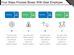 Four steps process boxes with gear employee communication icon