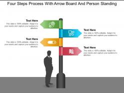 Four steps process with arrow board and person standing