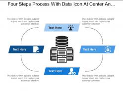 Four steps process with data icon at center and text boxes