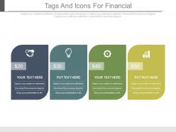 Four tags and icons for financial update powerpoint slides