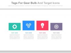 Four tags for gear bulb and target icons powerpoint slides