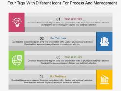 Four tags with different icons for process and management flat powerpoint design