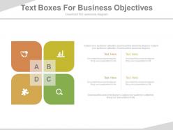 Four text boxes for business objectives flat powerpoint design