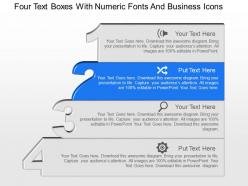 Four text boxes with numeric fonts and business icons powerpoint template slide