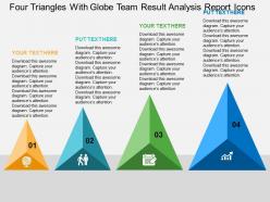 Four triangles with globe team result analysis report icons flat powerpoint design