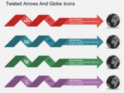 Four twisted arrows and globe icons ppt presentation slides