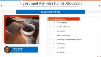 Fundraising pitch deck for fitness startup investment ask with funds allocation
