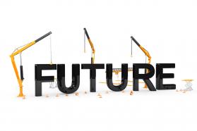 Future text with hurdles and crane stock photo