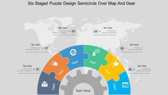 Fw six staged puzzle design semicircle over map and gear flat powerpoint design