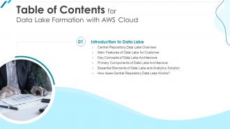 G9 Table Of Contents For Data Lake Formation With AWS Cloud Ppt Tips