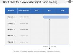 Gantt chart for 3 years with project name starting and ending dates