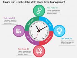 Gears bar graph globe with clock time management flat powerpoint design