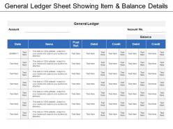 General ledger sheet showing item and balance details