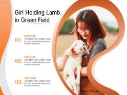 Girl holding lamb in green field