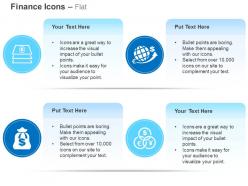 Global business solutions money transfer stacks of dollar bag ppt icons graphics