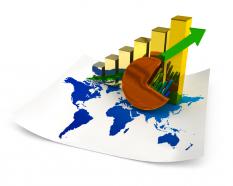 Global map with bar graph and growth arrow pie chart stock photo