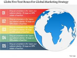 Globe five text boxes for global marketing strategy powerpoint template