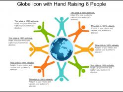 Globe icon with hand raising 8 people