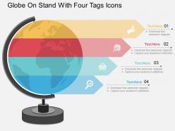 Globe on stand with four tags and icons ppt presentation slides