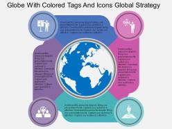 Globe with colored tags and icons global strategy flat powerpoint design