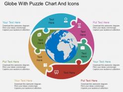 Globe with puzzle chart and icons ppt presentation slides