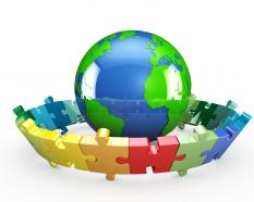 Globe with rounded puzzle on white background stock photo