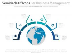 Globe with semicircle of icons for business management powerpoint slides