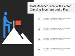 Goal reached icon with person climbing mountain and a flag