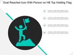 Goal reached icon with person on hill top holding flag