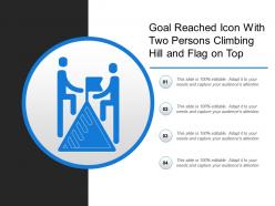 Goal reached icon with two persons climbing hill and flag on top