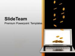 Gold coins falling on laptop finance powerpoint templates ppt themes and graphics 0113