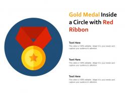 Gold medal inside a circle with red ribbon