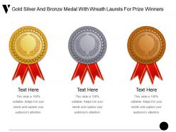 Gold silver and bronze medal with wreath laurels for prize winners ppt icon
