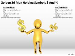 Golden 3d man holding symbols dollar and percent ppt graphics icons powerpoint
