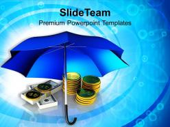 Golden Coins And Banknotes Under Umbrella Powerpoint Templates Ppt Themes And Graphics