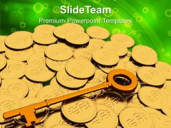 Golden key and coins finance powerpoint templates ppt themes and graphics 0113