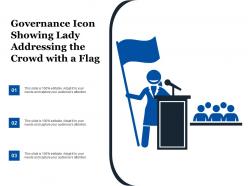 Governance icon showing lady addressing the crowd with a flag