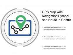 Gps map with navigation symbol and route in centre