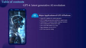 Gpt 4 Latest Generative Ai Revolution Table Of Contents Ppt Slides Infographic Template ChatGPT SS
