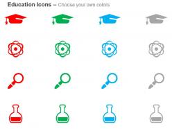 Graduation cap nuclear cycle magnifier flask ppt icons graphics