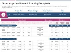 Grant approval project tracking template pitch deck raise grant funds public corporations ppt grid